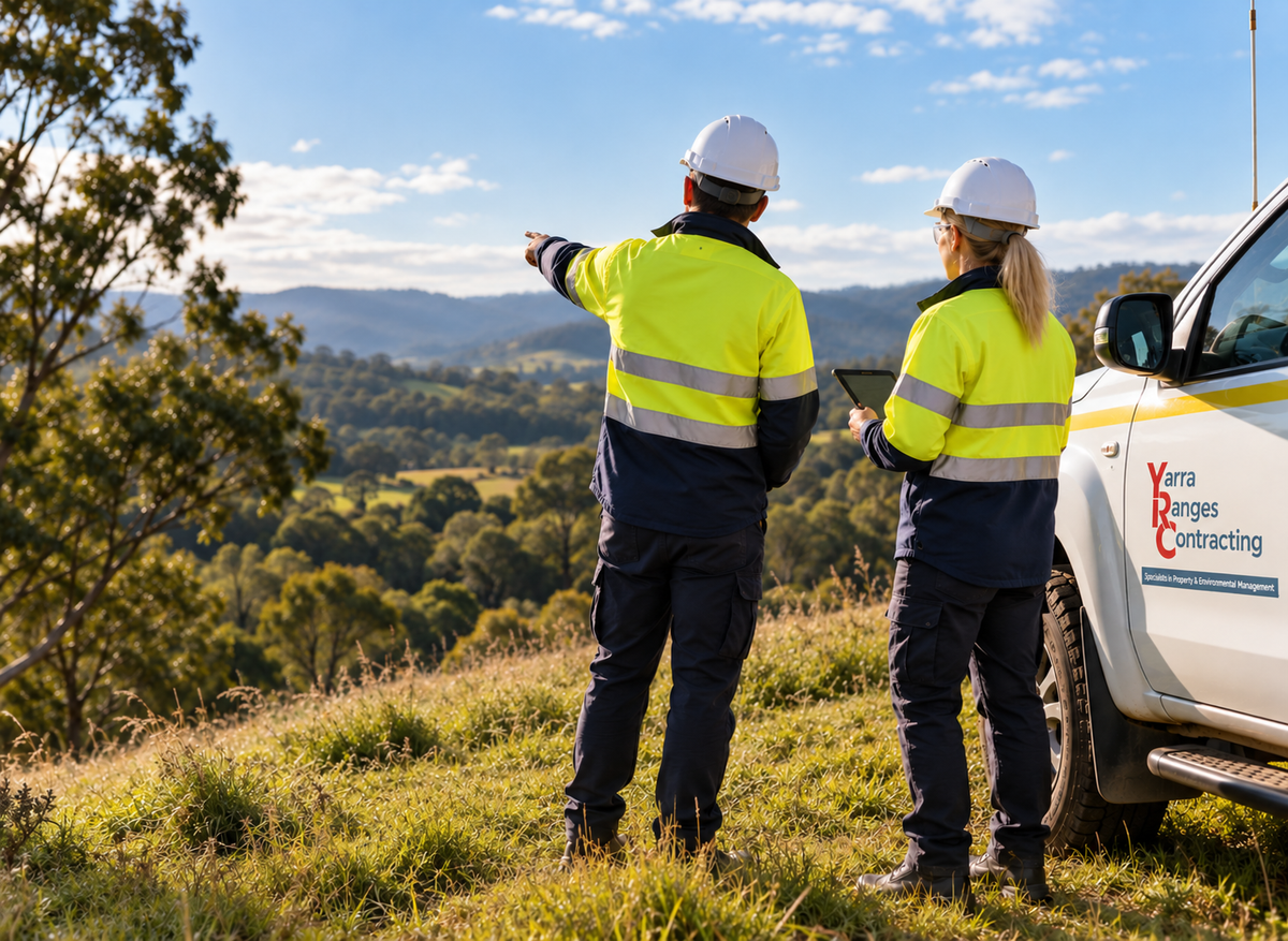 Two workers in high-visibility yellow and navy uniforms with white hard hats stand on a grassy hillside overlooking a mountain landscape, with a white vehicle partially visible on the right. One worker points toward the scenery while the other holds a tablet.